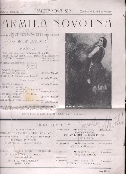 Dobový program koncertu Jarmily Novotné s podpisy